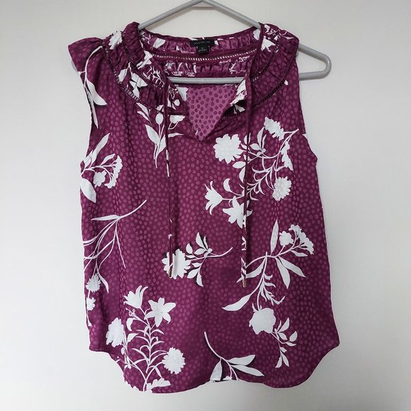 Ann Taylor Plum and White Floral Cutout Tie Neck Shell, XS - Picture 1 of 5